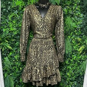Michael Kors Dress Small Gold Metallic Black Snakeskin Faux Wrap Ruffle Hem 3832